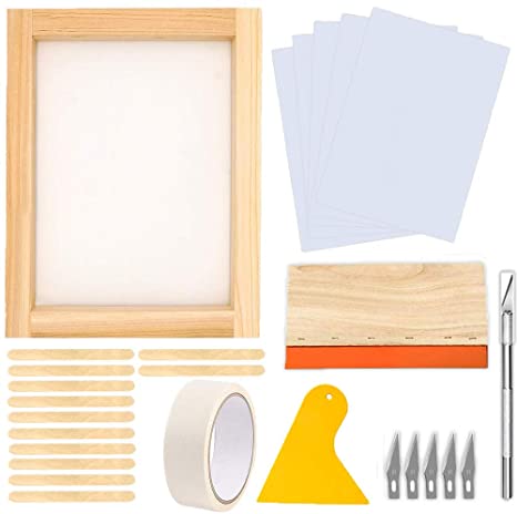 JAPI 27 Pieces Screen Printing Starter kit，Include 10 x 14 Inch Wood Silk Screen Printing Frame with 110 White Mesh, Screen Printing Squeegees, Inkjet Transparency Film and Mask Tape