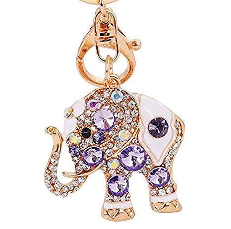 Reizteko Lucky Elephant Colorful Opal Rhinestone Plating Women Car/Bag Keychain Purse Charm - Purple