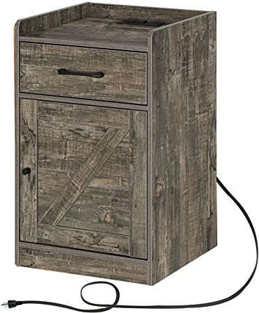 Rolanstar Nightstand with Charging Station, Farmhouse End Side Table with Storage Drawer and Cabinet for Bedroom, Grey