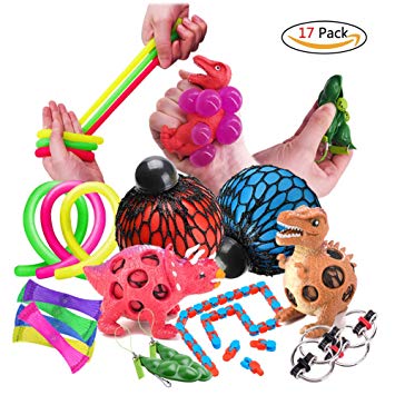 Fidget Toys 17Pcs Sensory Toys Autism Fiddle Toys Includes Squeeze Mesh Balls, Dinosaur Stress Ball, Soybean Squeeze, Flippy Chain, Mesh Elastic Ball, Stretchy String, Snake Cube for Gift Party Favors