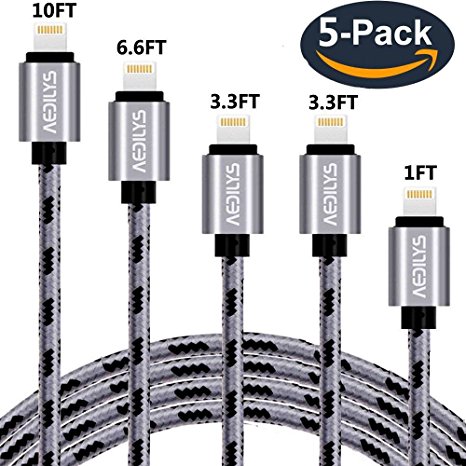 AEDILYS Lightning Cable, 5Pack [10FT 6.6FT 3.3FTX2 1FT] Nylon Braided Lightning to USB Cable Fast Sync Charging Cord for iPhone 7/7 Plus/6s/6s Plus/6/6 Plus/5/5S/5C/SE/iPad and iPod (Gray,5Pack)