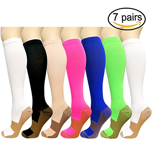 Copper Compression Socks For Men & Women (7 Pairs) - Best For Running, Athletic, Medical, Pregnancy and Travel -15-20mmHg