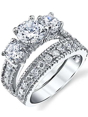 Sterling Silver Past Present Future 2-Pc Bridal Set Engagement Wedding Ring Band W/Cubic Zirconia CZ