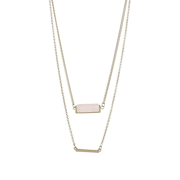 Fettero Womens Natural Stone Multilayer Pendant Long Chain Necklace 14K Gold Plated
