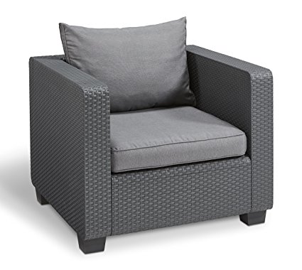 Keter Salta All Weather Outdoor Patio Furniture Armchair with Sunbrella Cushions in a Resin Plastic Wicker Pattern, Modern Graphite/Cool Grey