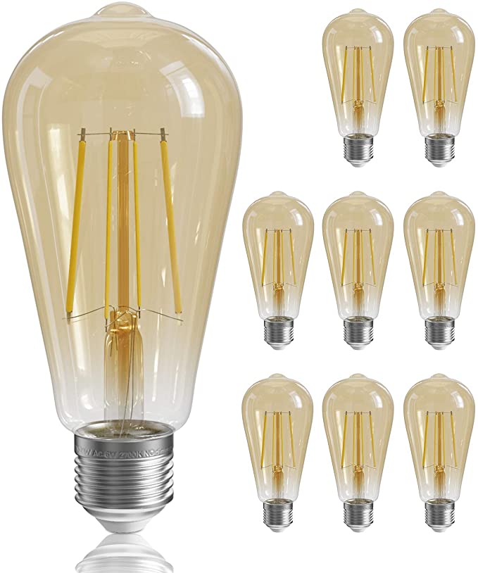 QNINE 8-Pack Warm White E27 Vintage Light Bulbs, 6W (60W Equivalent), LED Filament Bulb, 2700K, Non-Dimmable