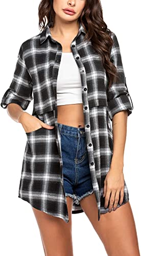 UNibelle Womens Flannel Plaid Shirts Roll Up Long Sleeve Pockets Mid-Long Casual Boyfriend Shirts