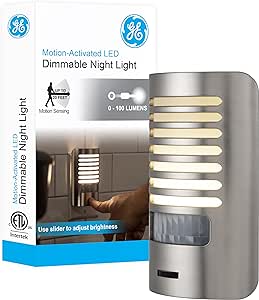 GE LED Night Light, Motion Sensing, Dimmable, Louver Shade, Brushed Nickel, Plug-in, UL-Certified, Ideal Nightlight for Bedroom, Bathroom, Kitchen, Hallway, and More, 67551