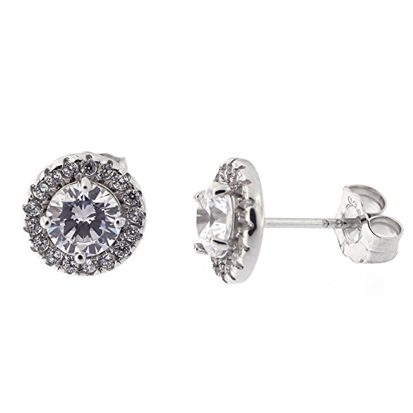 14k Yellow or White Gold or Sterling Silver Cubic Zirconia Halo Stud Earrings