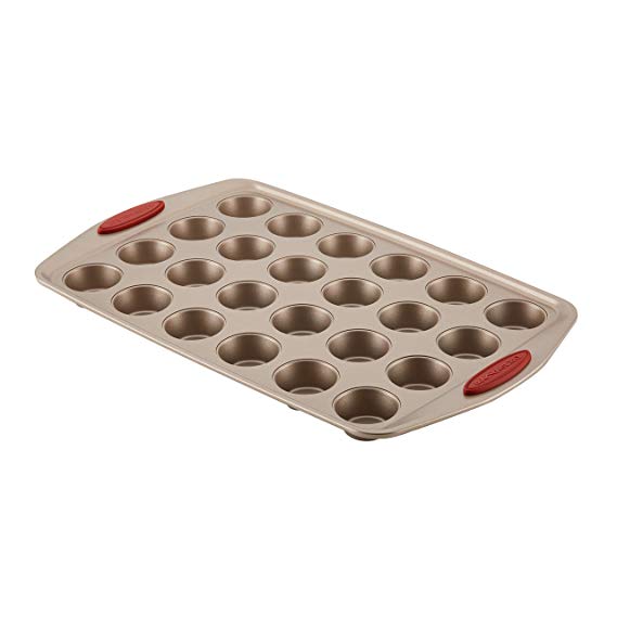 Rachael Ray Cucina Nonstick Bakeware 24-Cup Bite-Size Baker, Latte Brown, Cranberry Red Handle Grips