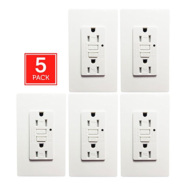 GFCI Wall Outlet -SECKATECH 15 Amp 125 Volt Tamper-Resistant Receptacle with Indicator Light,10 Nylon Wallplates, Screws,White. (5PACK)
