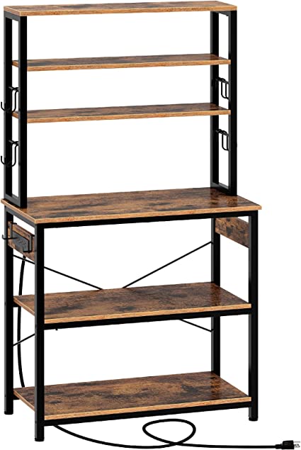 Rolanstar Baker's Rack with 4AC Power Outlet, Microwave Oven Stand with 10 Hooks, 6-Tier Kitchen Utility Storage Shelf, 31.5x15.7X 65.7 Inch, Stable Coffee Bar, Kitchen Rack Industrial, Rustic Brown