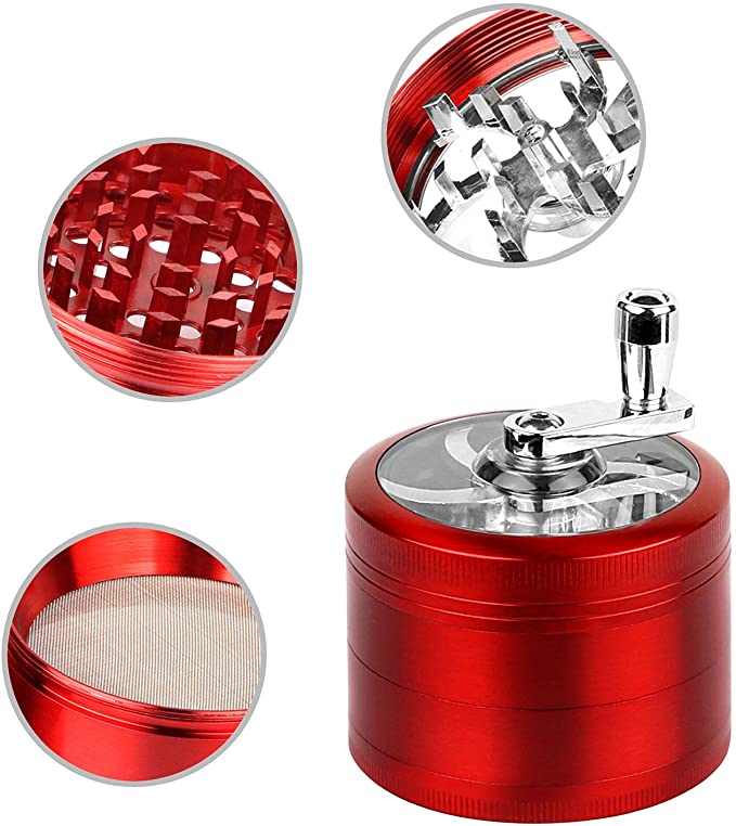 GPCT [Stainless Steel] Herb Spice Tobacco Grinder W/Hand Cranked Mill. 2.5” Tall, 4 Pieces, 3 Chambers, 6 Blades/Sharp Teeth, Pollen Catcher/Scraper. Durable Zinc Alloy Magnetic Top- Red