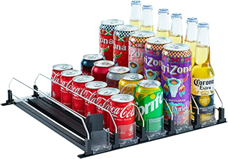 Jillmo Drink Organizer for Fridge, Self-Pushing Soda Can Organizer for Refrigerator, Width Adjustable Pusher Glide, Black, 5 Row