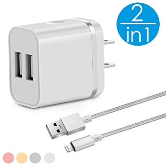 2in1 SEGMOI [Apple MFi Certified] Lightning Charger Cable 3ft/1M Nylon Braided Cord   US Plug Dual USB Port Wall Adapter for iPhone 5 5s SE 6 6S 6Plus 7 7Plus (White-Silver Kit)