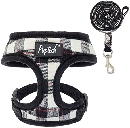 PUPTECK Soft Mesh Dog Harness with Leash - Plaid Adjustable Puppy No Pull Harnesses - Pet Padded Walking Vest