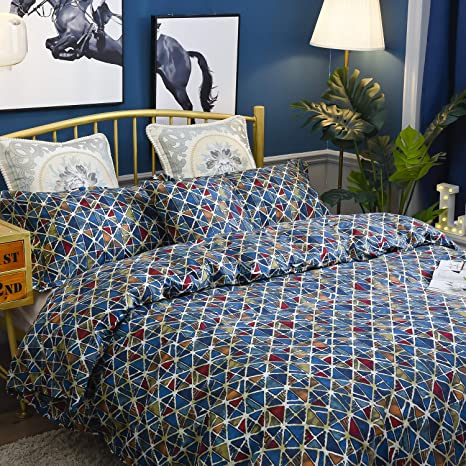 Softta Vintage 3Pcs Duvet Cover King Bedding Sets Buffalo Check Diamond Lattice Gingham Geometric Plaid Boho Exotic Retro Mosaic 100% Egyptian Cotton Black Blue with Hidden Zipper Closure