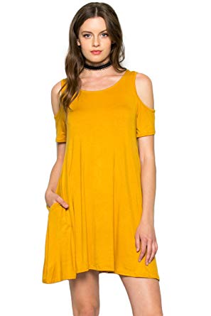Residents On Women's Cold Shoulder Flowy Tunic Top Swing Dress with Pockets(S-3XL)