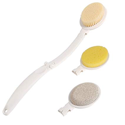 LFJ Bath Body Brush Set with Long Handle, 3 in 1 Foldable Shower Brush Back Scrubber with Brush Sponge Pumice Head for Bath and Shower, Exfoliating or Dry Skin Brushing