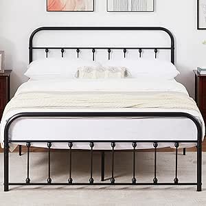 VECELO Queen Size Victorian Style Metal Bed Frame with Headboard Classic Metal Platform Bed Frame Mattress Foundation with Victorian Style Footboard/Under Bed Storage/No Box Spring Black