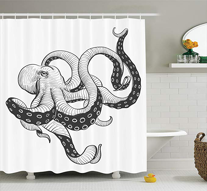 Ambesonne Octopus Decor Collection, Octopus Vintage Style Illustration Kraken Sea Creature with Tentacles Nautical Decor, Polyester Fabric Bathroom Shower Curtain Set with Hooks, White Black