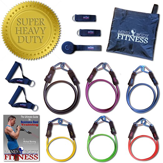 Mind Body Fitness Resistance Band Set - SUPER HEAVY DUTY 13pc / 186lb Home Gym (6 Color-Coded Exercise Tubes with Professional-Grade Clips, Handles, Ankle Straps, Door Anchor, Carry Bag   FREE eBook)