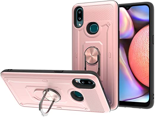 Compatible Samsung Galaxy A10s Phone Case with Tempered Glass Screen Protector Cover 360 Degree Rotating Magnetic Finger Ring Stand Kickstand Slim Hard Hybrid for Glaxay Galaxies A10x Cases Rose Gold