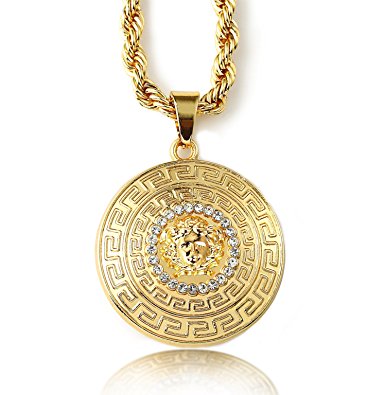 Halukakah "MEDUSA" Men's 18k Stamp Real Gold Plated 3D Pendant Necklace with FREE Rope Chain 30“ Thick 5mm