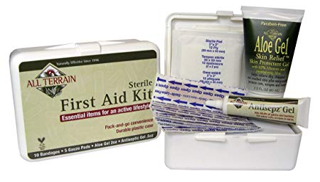 All Terrain First Aid Kit, Includes Antisepz Gel, Aloe Gel Skin Relief, Fabric Bandages, and Gauze Pads in a Plastic Case, Great for Hiking, Camping, Backpacking, or to Keep in the Car for Emergencies