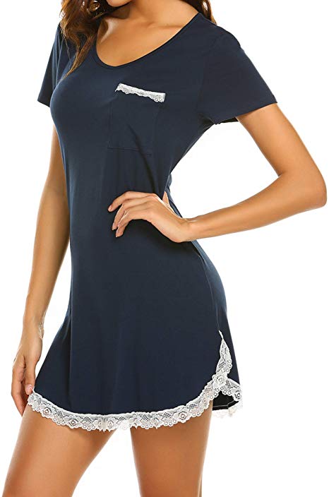 Ekouaer Sleepwear Womens Nightgown Sexy Sleep Shirt Dress V Neck Short Sleeve Lace Trim Soft Nightshirt (S-XXL)