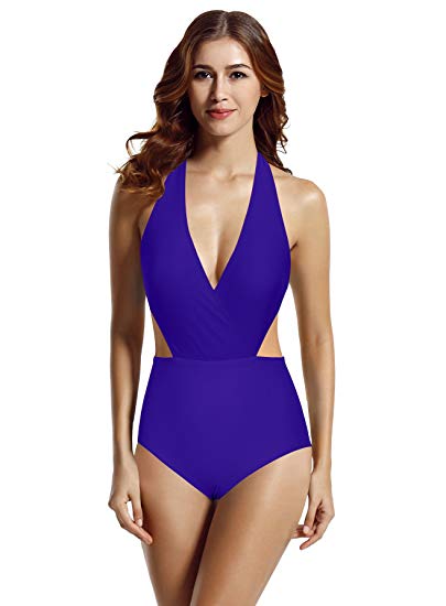 zeraca Women's Surplice Neckline High Waisted Halter One Piece Monokini Swimsuit