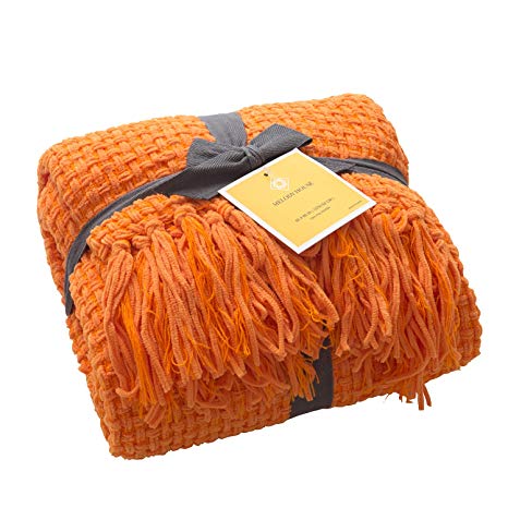 Melody House Super Soft Throw, Decorative Woven Plaid Pattern Throw Blanket with Tassels, 50x60, Orange