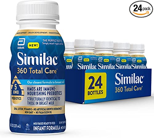 Similac 360 Total Care Infant Formula, with 5 HMO Prebiotics, Our Closest Formula to Breast Milk, Non-GMO, Baby Formula, Ready-to-Feed, 8-fl-oz Bottle (Case of 24)