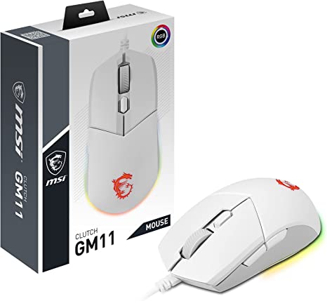 MSI Clutch GM11 White Gaming Mouse - 5000 DPI Optical Sensor, Symmetrical, 10M  Click OMRON Switches, 6-Buttons, 1ms Latency, RGB Mystic Light, 89g - Wired