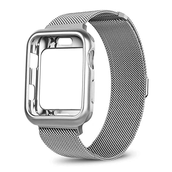 OROBAY Compatible with iWatch Band Case 38mm, Stainless Steel Magnetic Mesh Milanese Loop Band with Soft TPU Case Compatible with Apple Watch Series 3 Series 2 Series 1, Silver