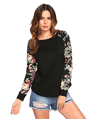 Romwe Women's Top Long Sleeve Raglan Casual Floral Print T-Shirt Tee