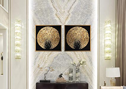 Chic Home HDP9329-AN Decor Sunburst 2 Piece Set Framed Wrapped Canvas Wall Art Giclee Print Modern Black and Gold Sun Abstract Geometric Design Stretched Ready to Hang, 23" x 46", 23x46 (2PC)