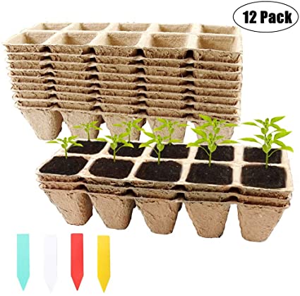 YBB 12 Pack Seed Starter Tray Kit, 120 Cells Biodegradable Peat Pots Seedling Germination Trays, Organic Plant Seed Starter Tray Kit with 60 Pcs Colorful Plant Labels