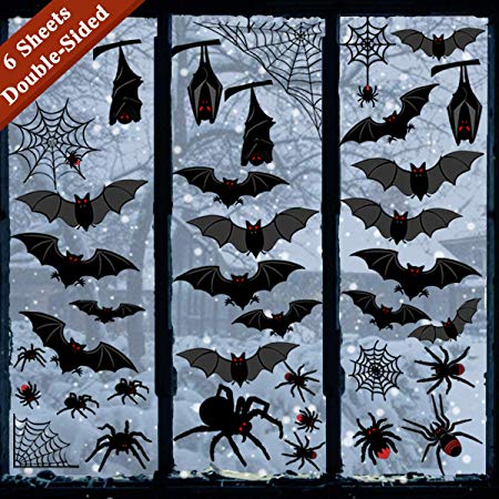 Ivenf Halloween Decorations Window Clings Decor, Large Scary Silhouette Bats Spider Kids School Home Office Accessories Party Supplies Gifts, 6 Sheet 59pcs