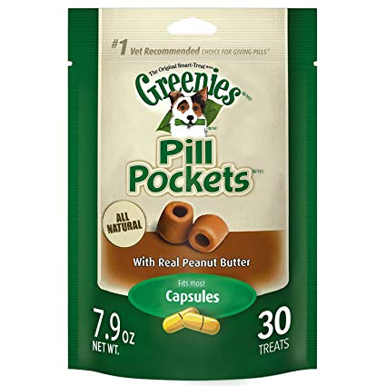 GREENIES PILL POCKETS Treats for Dogs Real Peanut Butter Flavor - Capsule one (1) 7.9-oz. 30-count pack of GREENIES PILL POCKETS Treats for Dogs  #1 vet-recommended choice for giving pills