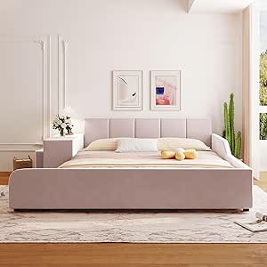 Harper & Bright Designs Queen Size Upholstered Platform Bed with Bedside Desk and Little Round Stool, Velvet Grounded Bed Frame, Queen Storage Bed Frame for Bedroom, Pink