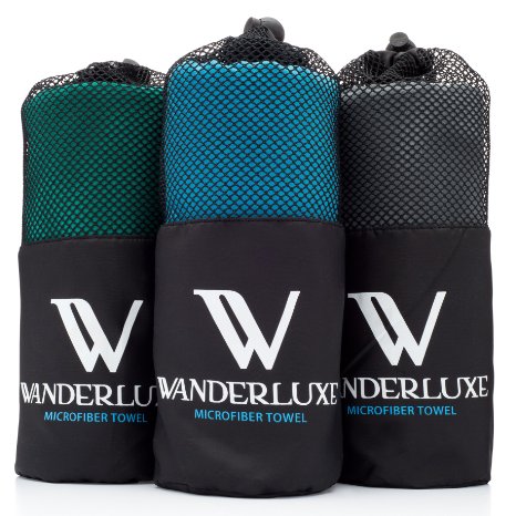 Wanderluxe Microfiber Travel Towel XL  Swimming Towel Set  Super Absorbent and Fast Drying  Bath Towel 60 X 28 with Hand Towel and Storage Bag Perfect for Beach Gym Camping Yoga