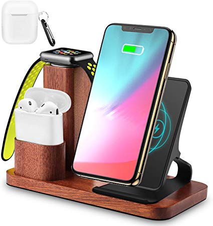 LiZHi 3-in-1 Solid Wood Charging Stand, Universal Charging Dock Station for Airpods 2/1 Apple Watch Series 4/3/2/1 iPhone Xs Max XS XR X 8 7 6S 6 Plus SE 5S 5 Android Smartphone iPad Mini-Rose