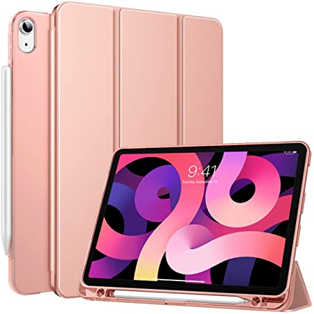 MoKo Case Fit New iPad Air 4th Generation 2020 - iPad 10.9 Case Built-in Pencil Holder, Smart Shell Cover with Translucent Back Corner/Bumper Case for iPad Air 4 2020, Auto Wake/Sleep,Rose Gold