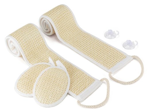 Exfoliating Back Scrubber and Pad 4 Pack  Bonus Drying Hooks - Sisal for Acne is Stronger Than Loofah