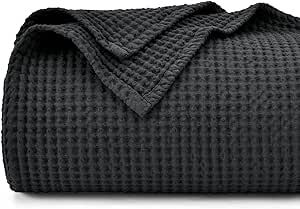 PHF 100% Cotton Waffle Weave Black Blanket Twin Size 66"x90"-Lightweight Washed Soft Breathable Blanket for All Season-Perfect Blanket Layer for Couch Bed Sofa -Elegant Home Decoration