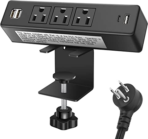 Desktop Clamp Power Strip with USB, Surge Protector Power Charging Station Outlet with 3 Plugs 3 USB A 1 USB C PD 18W Fast Charging Outlets, Desk Mount Multi-Outlets for Home Office Garage Workshop