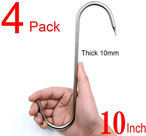 Alele 10" Meat Hook 10mm Heavy Duty Stainless Steel Butcher Hooks for Hanging Beef (10inch 10mm 4p)