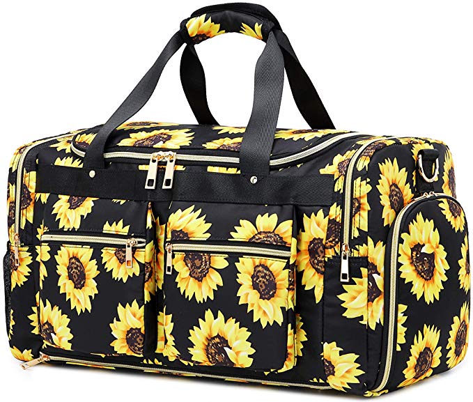 Weekender Overnight Duffel Bag with Shoe Pocket Women Weekend Travel Tote Carry On Bag (Sunflower Black)