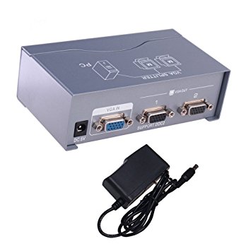 DTECH 2 Way Powered VGA Splitter Amplifier Box High Resolution 1080p SVGA Video 1 in 2 out 250 Mhz for 1 PC to Dual Monitor Computer